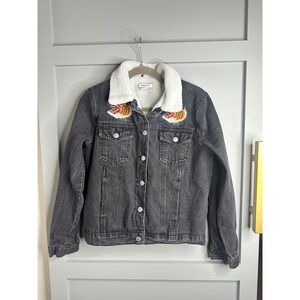 Glamorous Denim Sherpa Lined Jacket Black Tiger‎ Embroidered Women Size Small